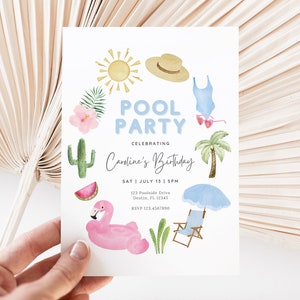May include: A blue and white invitation card with the text "Pool Party" and "Celebrating Caroline's Birthday". The card is decorated with watercolour illustrations of a sun, hat, swimsuit, sunglasses, cactus, watermelon, flamingo, palm tree, umbrella, and beach chair.