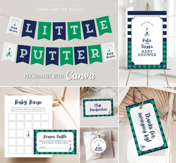 Golf Baby Shower Decorations, Editable Canva templates, Signs, Tag, Diaper Raffle, Banner, Tent Cards, Sticker, Cupcake Topper, Games