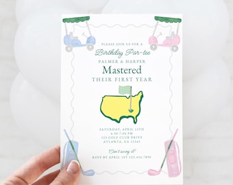 Boy Girl Mastered First Year Birthday Par-tee Invitation, Pink Blue Green Golf Themed 1st Birthday Invite, Golf Cart Clubs, Print or Digital