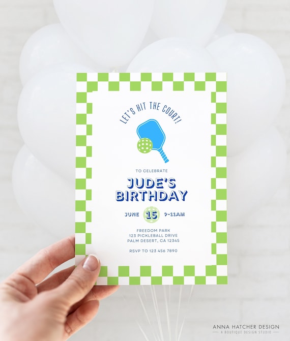 Kids Pickleball Birthday Party Invitation, Blue Green Checkered Pickleball Invite, DIY Change Color, Canva Digital Template, Print or Text