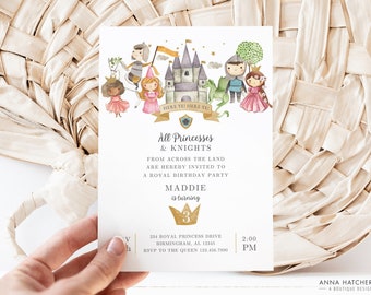 May include: A white invitation card with a watercolor illustration of a castle and princesses and knights. The text reads "Here Ye Here Ye" and "All Princesses & Knights from across the land are hereby invited to a royal birthday party Maddie is turning 3".