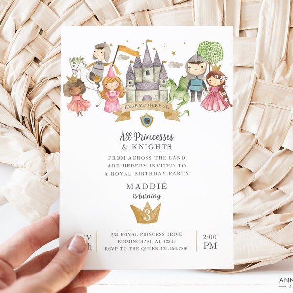 Invitation princesse et chevalier, fête d'anniversaire conjointe princesses et chevaliers pour 2, modèle de toile modifiable, téléchargement immédiat, impression/texte