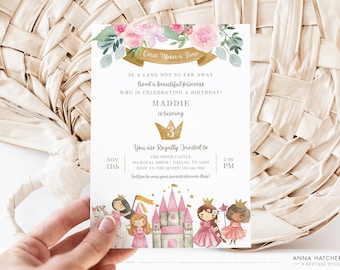May include: A pink and gold princess-themed birthday invitation with a watercolor floral design. The invitation reads "Once Upon a Time" and includes the text "You are Royally Invited to" with details for a party celebrating Maddie's 3rd birthday.