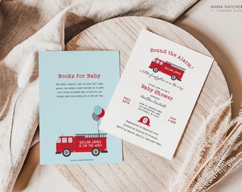 Zaproszenie na baby shower w kształcie wozu strażackiego, zaproszenie na baby shower w kształcie strażaka, czerwony spersonalizowany wóz strażacki i hełm, edytowalny szablon Canva