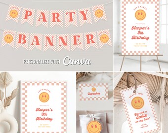 Smiley Face Checkered Birthday Printable's, Editable Canva Templates, Poster,Signs, Banner, Tags, Stickers, Cupcake Toppers, Food Tent Cards