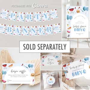 May include: A set of printable baby shower party decorations in a blue and white colour scheme. The decorations feature a barbecue theme with images of hot dogs, hamburgers, watermelon, and balloons. The text on the decorations reads "Baby Shower Baby-Q".