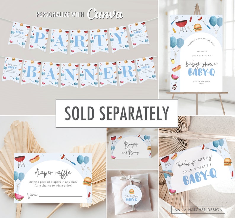 May include: A set of printable baby shower party decorations in a blue and white colour scheme. The decorations feature a barbecue theme with images of hot dogs, hamburgers, watermelon, and balloons. The text on the decorations reads "Baby Shower Baby-Q".