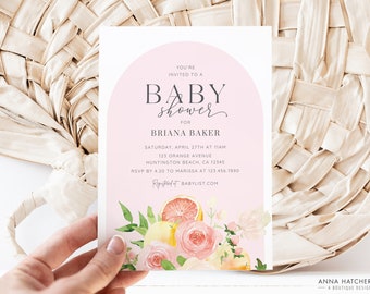 Citrus Baby Shower Invitation, Pink Garden Citrus Themed Invite, Orange, Lemon, Grapefruit, Editable Canva Template Digital Download