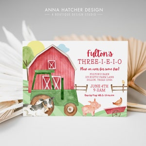 May include: A red and green tractor with a red barn in the background. The tractor is on a green field with a white fence. The text on the invitation reads "Fulton's Three-I-E-I-O Plow on over for some fun! Fulton's Barn 123 Rustic Farm Lane Dillon, Texas 12345 June 4th 9-11AM Rep by May 30th to 123.456.7970".