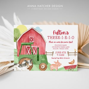 Three-I-E-I-O Birthday Invitation, 3rd Birthday Party Tractor and Farm Animal Theme, Editable Canva Template Digital Download, Print or Text