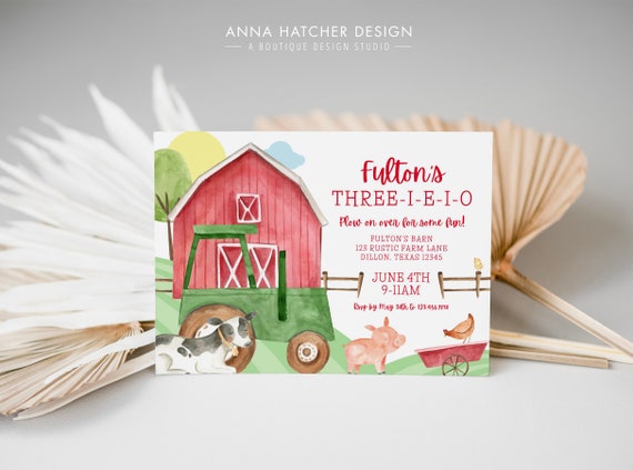 Three-I-E-I-O Birthday Invitation, 3rd Birthday Party Tractor and Farm Animal Theme, Editable Canva Template Digital Download, Print or Text