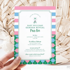 Golf Gender Reveal Par tee Invitation, Putters or Pearls, Diamonds or Drivers, TuTus or Tees, Pink or Blue, Editable Canva Template
