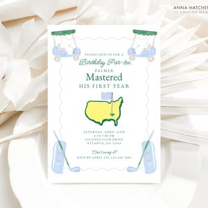 Mastered First Year Birthday Par-tee Invitation, Blue Green Yellow, Boys Golf Themed First Birthday Invite, Golf Cart Clubs, Print or Digital