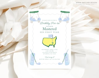 Mastered First Year Birthday Par-tee Invitation, Blue Green Yellow, Boys Golf Themed 1st Birthday Invite, Golf Cart Clubs, Print or Digital