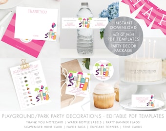 Park Birthday Party Decorations, Girl Playground Birthday, Cupcake Topper, Bottle Wraps, Banner, Favor Tags, Thank You, Scavenger Hunt Game