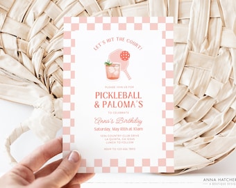 Invitación a fiesta de Pickleball y Palomas, invitación de cumpleaños de Dinks y bebidas a cuadros, color y bebida DIY, plantilla Canva, impresión o texto