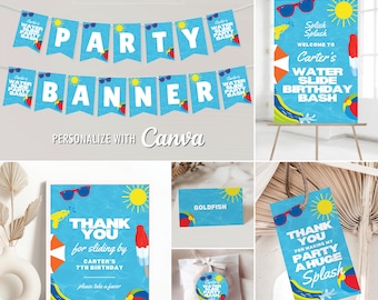 Slide Into Five Birthday Editable Canva Templates for 5th Birthday Water Slide Party, Personalized Printable Signs, Tag, Sticker, Banner