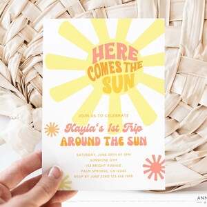 Here Comes the Sun Girl Birthday Party Invitation, 1st Trip Around the Sun 1st Birthday Invite, Editable Canva Template, Instant Download
