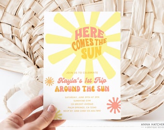 Here Comes the Sun Girl Birthday Party Invitation, 1st Trip Around the Sun 1st Birthday Invite, Editable Canva Template, Instant Download