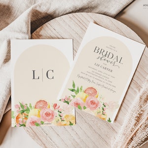 May include: A bridal shower invitation featuring a watercolour illustration of lemons, oranges, and pink roses. The invitation is for Liz Carter and includes the date, time, and location of the event. The text "You're invited to a Bridal Shower for Liz Carter" is written in a cursive font.