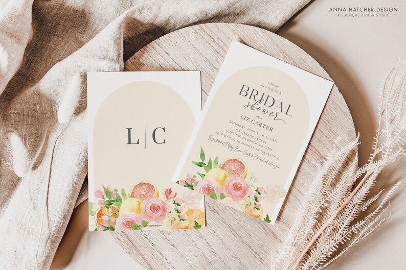 May include: A bridal shower invitation featuring a watercolour illustration of lemons, oranges, and pink roses. The invitation is for Liz Carter and includes the date, time, and location of the event. The text "You're invited to a Bridal Shower for Liz Carter" is written in a cursive font.