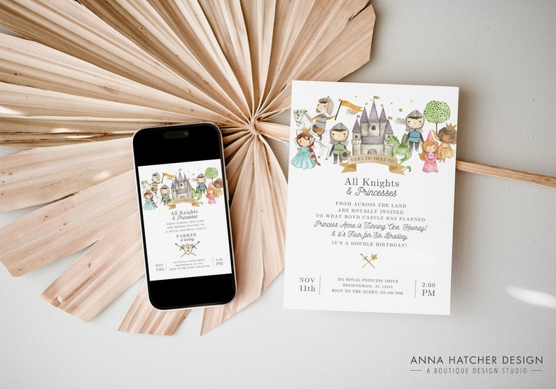 Pode incluir: Um cart&atilde;o de convite branco com uma ilustra&ccedil;&atilde;o em aquarela de um castelo, cavaleiros e princesas. O texto no cart&atilde;o diz "Todos os Cavaleiros e Princesas" e "De todo o pa&iacute;s, voc&ecirc;s s&atilde;o convidados para o que o Castelo Boyd planejou! A &aacute;rea da princesa est&aacute; completando um ano (viva!) e &eacute; uma divers&atilde;o para os beb&ecirc;s. &Eacute; um anivers&aacute;rio duplo!" A data &eacute; 11 de novembro &agrave;s 14h00. O endere&ccedil;o &eacute; 214 Royal Princess Drive, Memorial, AL 35211. RSVP para a Rainha no 123-456-7890.