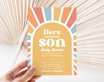 Aquí viene la invitación al baby shower del hijo, Aquí viene la invitación al baby shower del niño boho retro del sol, Descarga de plantilla editable de Canva