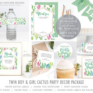 Twin Boy and Girl Cactus Birthday Party Printables, Prickly Pair, DIY Edit PDF Signs, Banner, Tag, Cupcake Toppers, Waterbottle, Food Labels