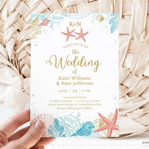 Beach Wedding Invitation with Weekend Itinerary in gold and coral, Editable Canva Template Download, Personalized destination wedding invite