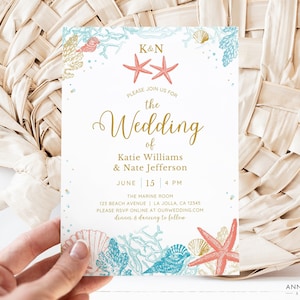 Beach Wedding Invitation with Weekend Itinerary in gold and coral, Editable Canva Template Download, Personalized destination wedding invite