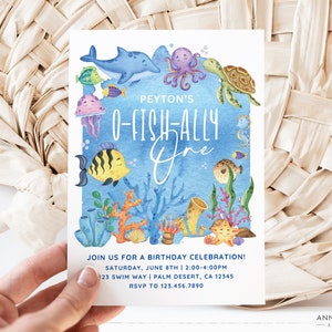 O-fish-allié une invitation, 1er anniversaire de poisson de mer sous la mer, modèle de toile modifiable tout âge, baignade/piscine party, téléchargement numérique