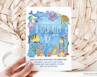 O-fish-ally One Invitation, Ocean Under the Sea Fish 1st Birthday Invite, Any Age Editable Canva Template, Swim/Pool Party, Digital Download