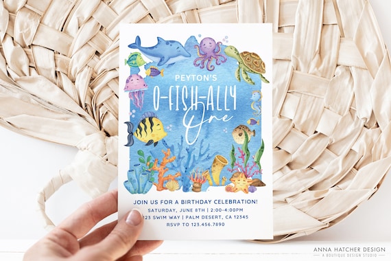 O-fish-ally One Invitation, Ocean Under the Sea Fish 1st Birthday Invite, Any Age Editable Canva Template, Swim/Pool Party, Digital Download