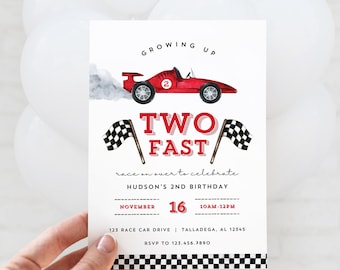 Two Fast 2nd Birthday Invitation, Red Race Car Growing Up Two Fast Party Invite for 2 Year Old Boy, Editable Canva Template, Print or Text