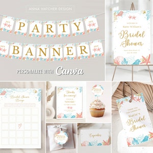 Beach Bridal Shower Decorations, Editable Canva Templates, Personalized Thank You Favor Tag, Sticker, Game,Banner, Signs, Poster, Tent Cards