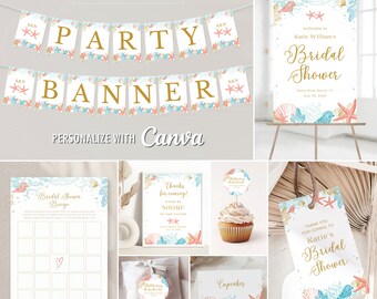 Beach Bridal Shower Decorations, Editable Canva Templates, Personalized Thank You Favor Tag, Sticker, Game,Banner, Signs, Poster, Tent Cards