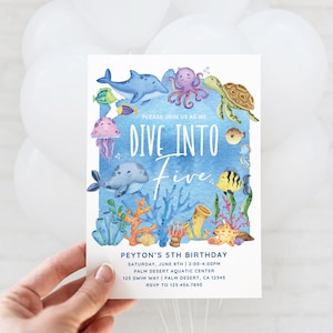 Dive Into Five 5th Birthday Party Invitation, Any Age Under the Sea Beach Ocean Theme Party, Swim Pool Party, Editable Canva Template