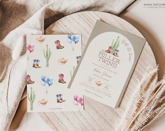 Y'all it's Twins Baby Shower Invitation, Twin Boy and Girl Couples Shower Invite, Cowboy Cowgirl Boots and Hats, Personalized Canva Template