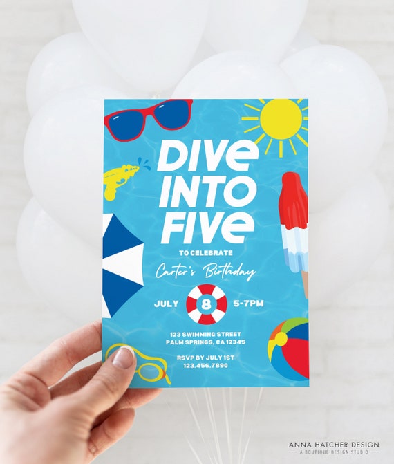 Dive into Five Birthday Invitation, 5th Birthday Pool Party Invite, Editable Any Age Swim Waterslide Party Canva Template, Print or Text