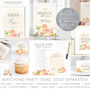 May include: A set of printable bridal shower party decorations featuring a watercolour floral design with oranges and lemons. The text on the signs reads "Miss to Mrs", "Welcome to the Bridal Shower", "Briana's Bridal Shower", "Guess Who Bride or Groom", "Best Wishes for the Bride-to-Be", "Briana's Main Squeeze", "Hench Toast Casserole", and "Matching Party Items Sold Separately".