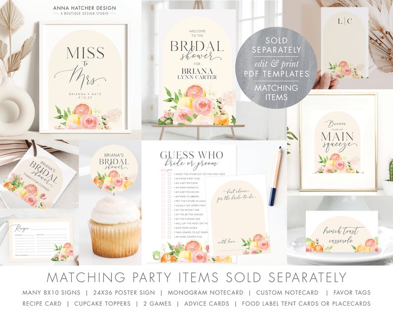 May include: A set of printable bridal shower party decorations featuring a watercolour floral design with oranges and lemons. The text on the signs reads "Miss to Mrs", "Welcome to the Bridal Shower", "Briana's Bridal Shower", "Guess Who Bride or Groom", "Best Wishes for the Bride-to-Be", "Briana's Main Squeeze", "Hench Toast Casserole", and "Matching Party Items Sold Separately".