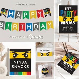 Ninja Birthday Party Editable Canva Templates, Personalized Printable Thank You Favor Tag, Circle Sticker, Banner, Signs, Poster, Tent Cards
