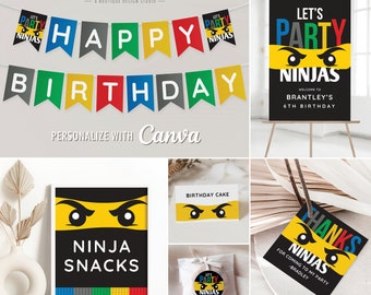 May include: A set of printable party decorations for a ninja-themed birthday party. The set includes a banner that says "Happy Birthday", a sign that says "Let's Party Ninjas", a sign that says "Ninja Snacks", a cake topper, and favor tags. The decorations are black, yellow, green, red, and blue.