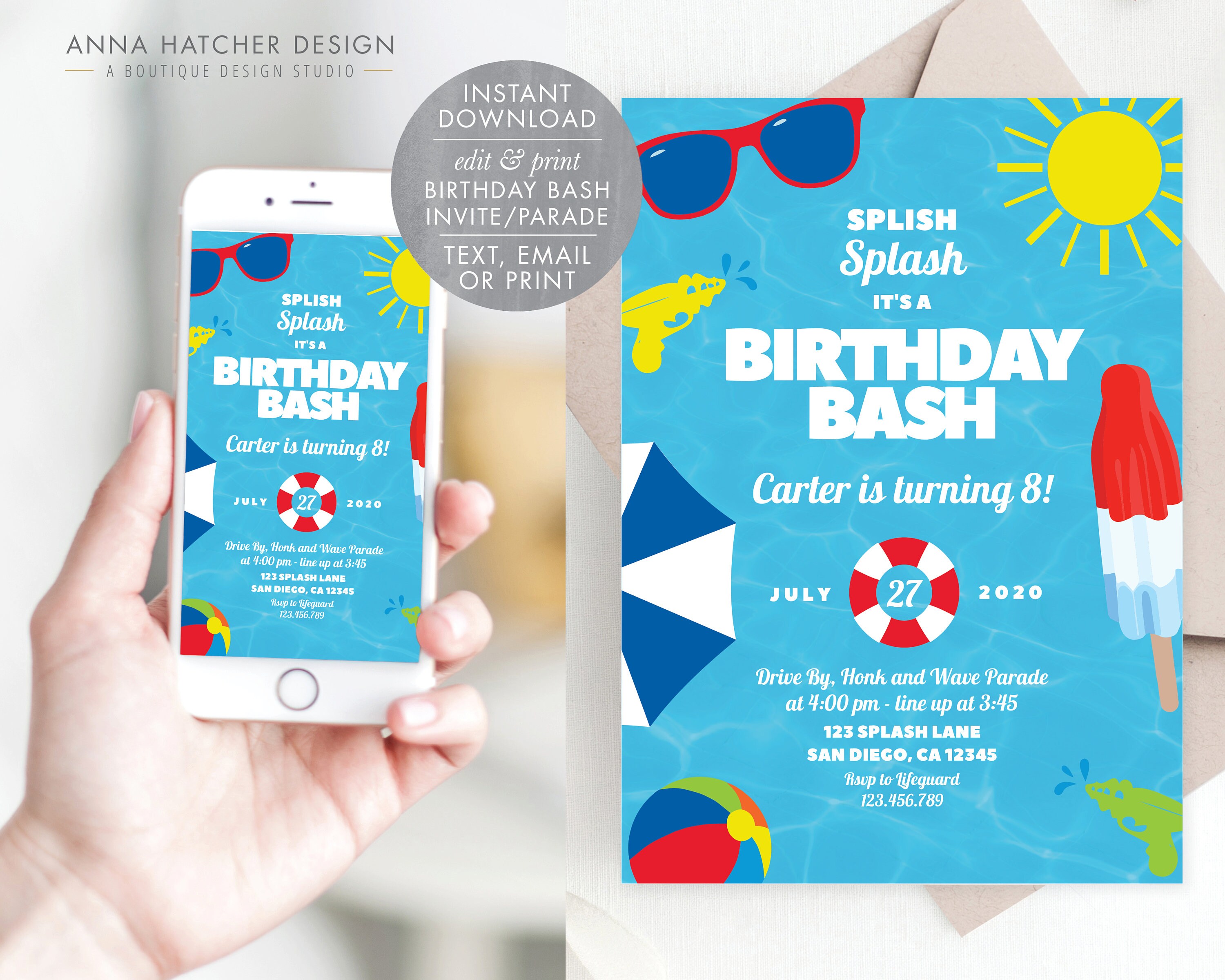 Splash Bash Party Beverage Card Wrap Drink Label Sign Tag Birthday Pool  Beach Swimming Swim Ocean Wave Boogie Bear Invitations Douglas Theme