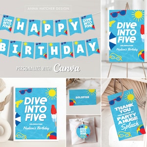 Dive Into Five Birthday Editable Canva Templates for 5th Birthday Pool Party, Personalized Printable Signs, Tag, Sticker, Banner, Cupcake