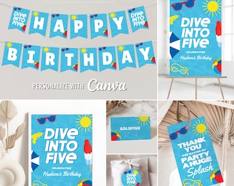 Dive Into Five Birthday Editable Canva Templates for 5th Birthday Pool Party, Personalized Printable Signs, Tag, Sticker, Banner, Cupcake