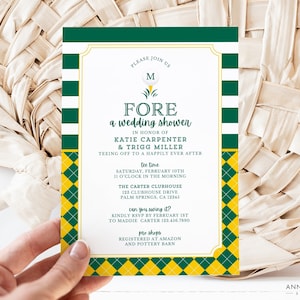 Golf Wedding Shower Invitation, Green and Yellow Argyle Pattern, Invite FORE Couples Shower, Personalized Golf Ball, Editable Canva Template