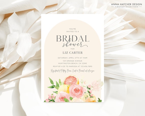 Citrus Bridal Shower Invitation, Orange, Lemon, Grapefruit, Floral Garden Wedding Shower Invite, Editable Canva Template, Digital Download