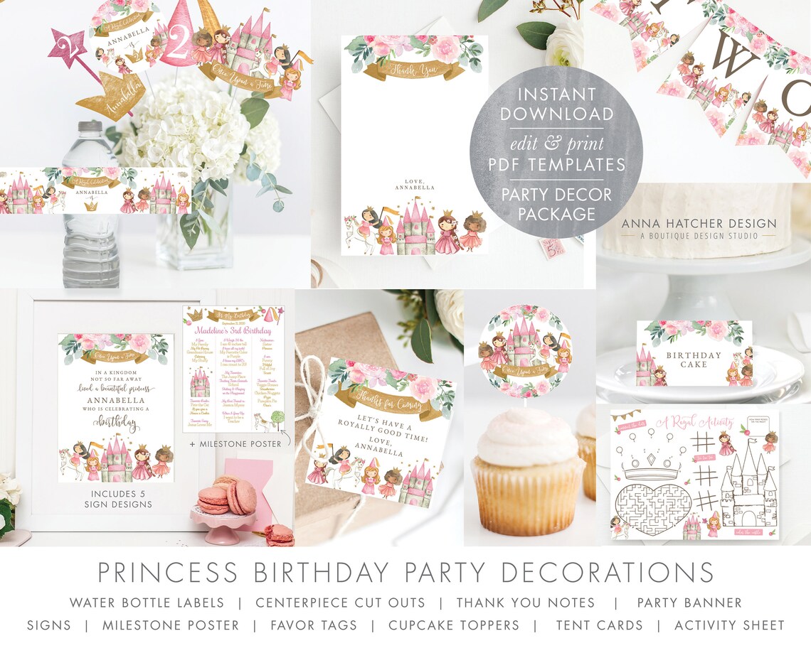 Princess Birthday Party Printable Decorations Package Thank - Etsy