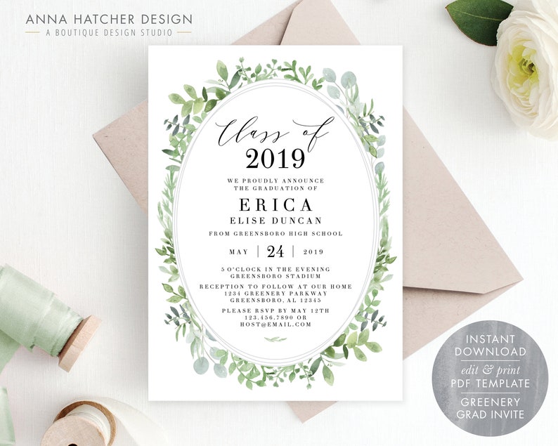Greenery Graduation Invitation Graduation Announcement Etsy